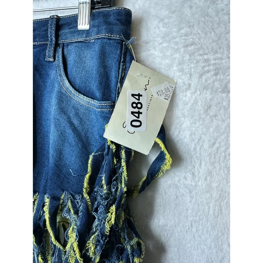 NWT Elocan Luxe Boutique Distressed Denim Fringe Shorts Blue Yellow Festival